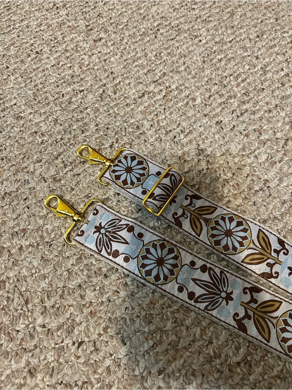Adjustable Floral Canvas Bag Strap with Gold Hardware - Brown & Light Blue